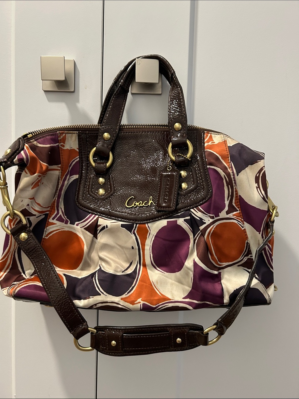 Coach Ashley Brown Leather Trim Satchel with Purple & Orange Print